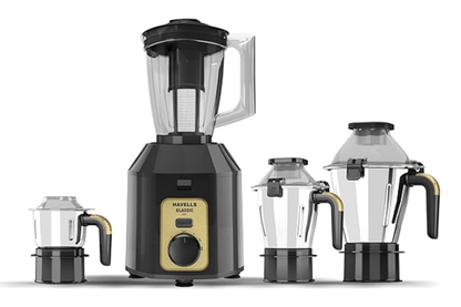 Havells Klassic 1000 watts 4 Jar Mixer Grinder I 2.5 Kg Double Ball Bearing Copper Motor I 22000 RPM I 100 Minutes Run Time I Metal Teeth Coupler & Jar Base I Polycarbonate Jar, Lids with Lock (Grey)