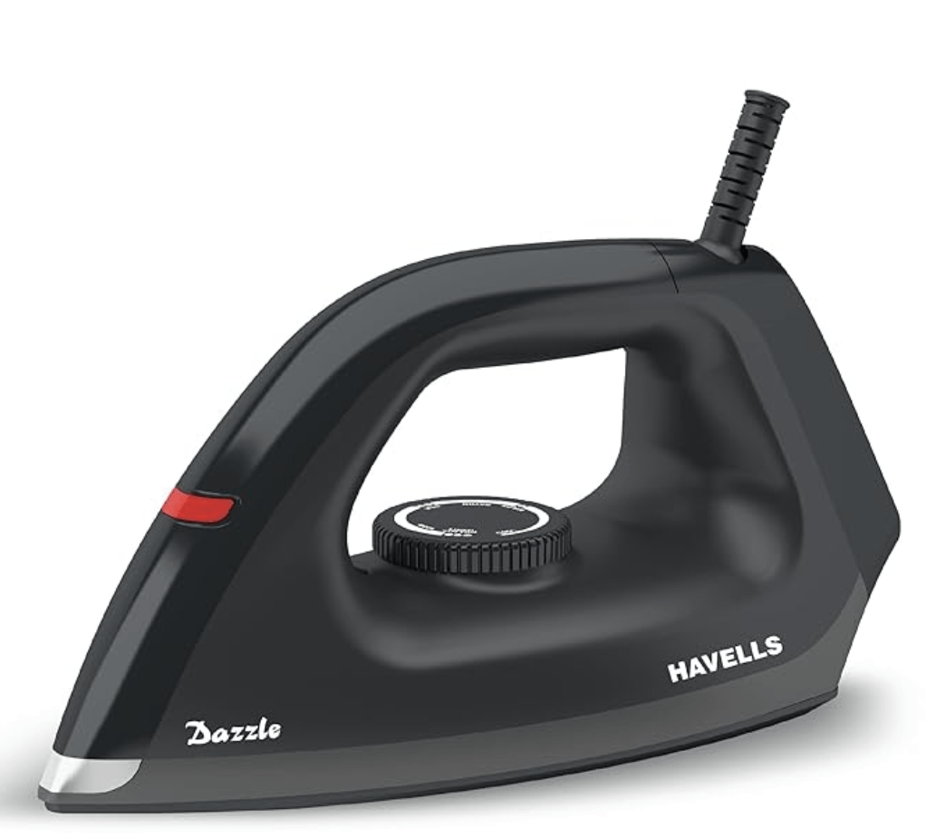 Havells Plastic Dazzle 1100W Dry Iron Press German Technology Non Sick Coated Sole Plate & 2 Yrs Warranty (Black), 1100 Watts