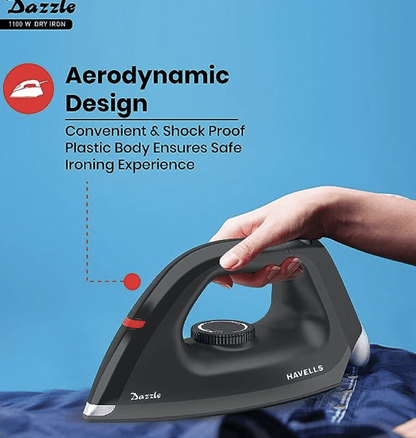 Havells Plastic Dazzle 1100W Dry Iron Press German Technology Non Sick Coated Sole Plate & 2 Yrs Warranty (Black), 1100 Watts