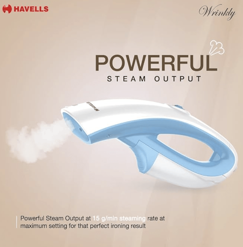 Havells Wrinkly Hand Held Garment Steamer 920 Watts - Ergonomic Design,150Ml Tank Capacity, Powerful Dual Steam Setting & 2 Year Warranty (Blue And White)-2