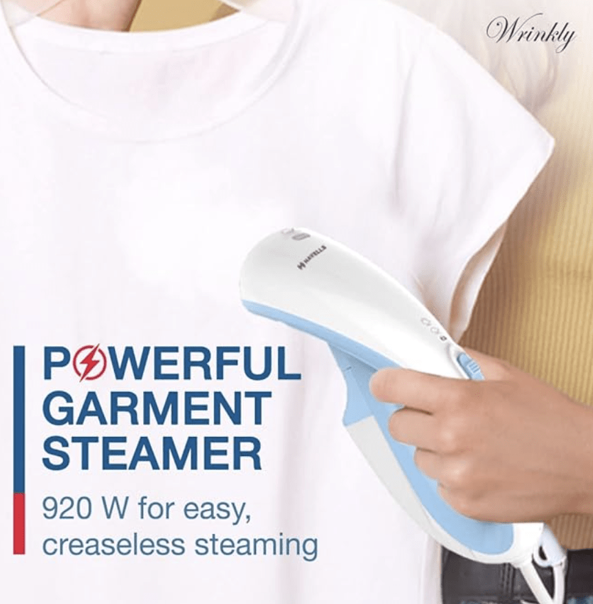Havells Wrinkly Hand Held Garment Steamer 920 Watts - Ergonomic Design,150Ml Tank Capacity, Powerful Dual Steam Setting & 2 Year Warranty (Blue And White)