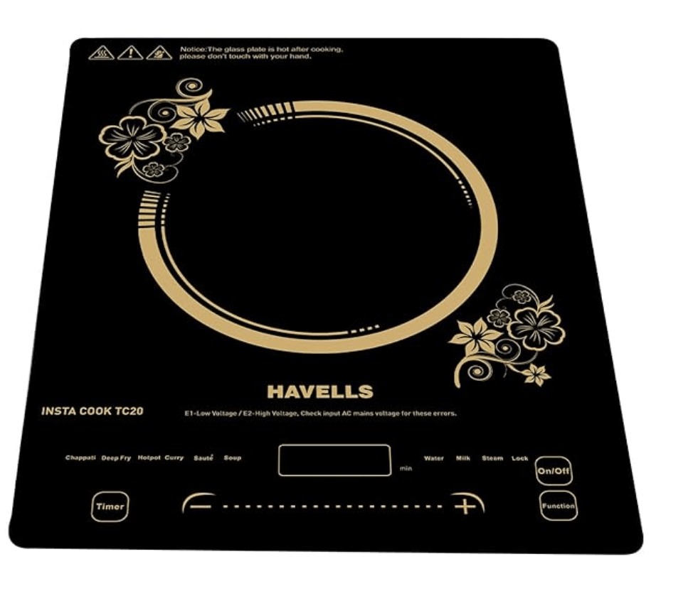 हैवेल्स इंडक्शन ग्लास सिरेमिक कुकटॉप TC20, 9 कुकिंग मोड्स के साथ, 2000 वाट, 3 साल की कॉइल वारंटी के साथ - काला 