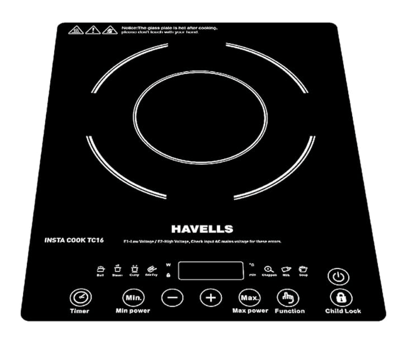 Havells Insta Cook Tc 16 Energy Efficent Induction (Black), 1600Watt, with 7 Cooking Option, Auto Pan Detection Sensor &3 Year Coil Warranty, Tempered Glass-1
