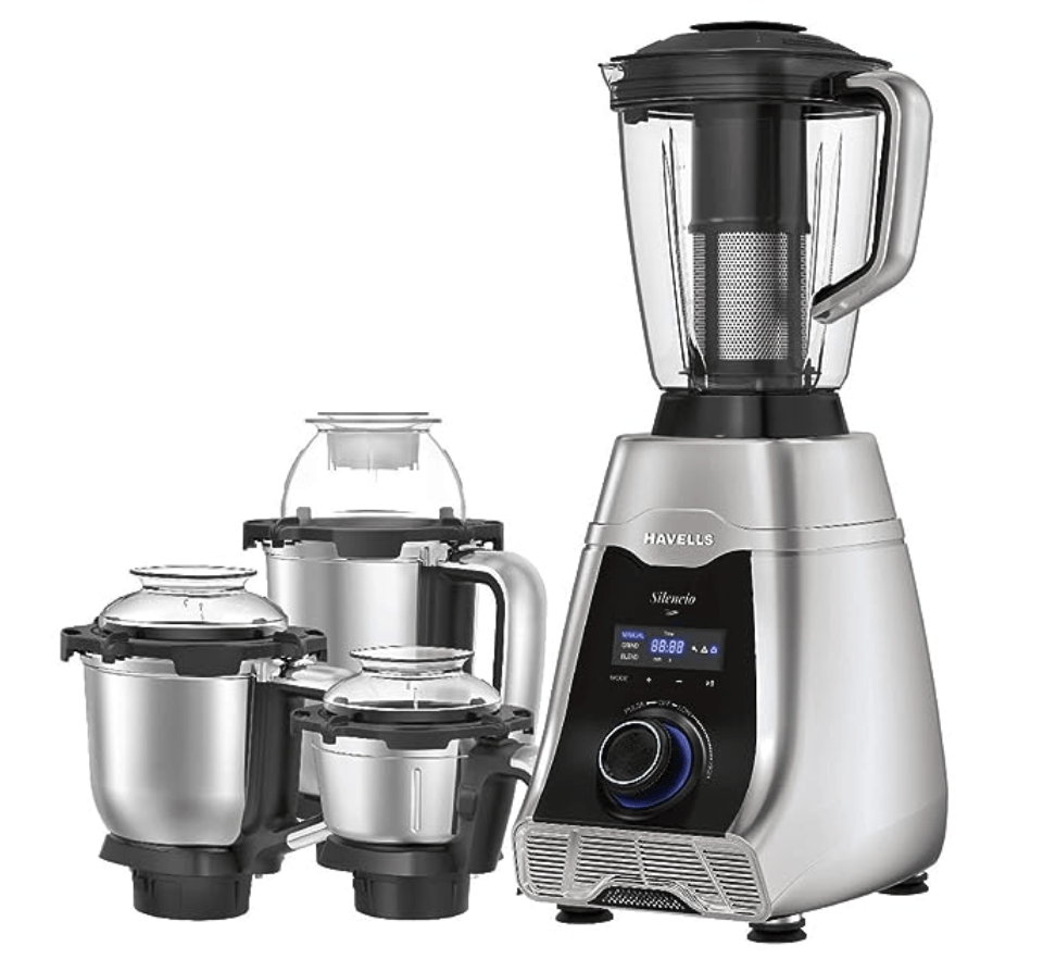 Havells Silencio Lowest Noise 4 Jar Mixer Grinder with HVDC Technology, Slow Speed Grinding, Double Layer Insulated Steel Jar, LED Display/Pre-Set Options & Hands free operation (Grey Black)500 Watts