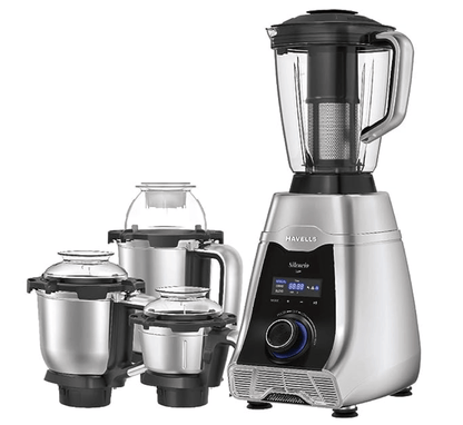 Havells Silencio Lowest Noise 4 Jar Mixer Grinder with HVDC Technology, Slow Speed Grinding, Double Layer Insulated Steel Jar, LED Display/Pre-Set Options & Hands free operation (Grey Black)500 Watts