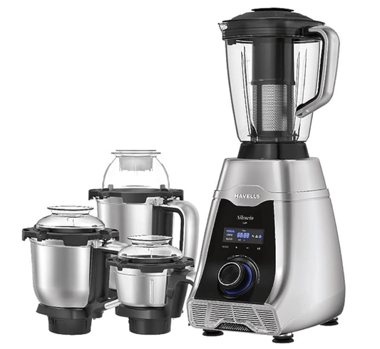 Havells Silencio Lowest Noise 4 Jar Mixer Grinder with HVDC Technology, Slow Speed Grinding, Double Layer Insulated Steel Jar, LED Display/Pre-Set Options & Hands free operation (Grey Black)500 Watts