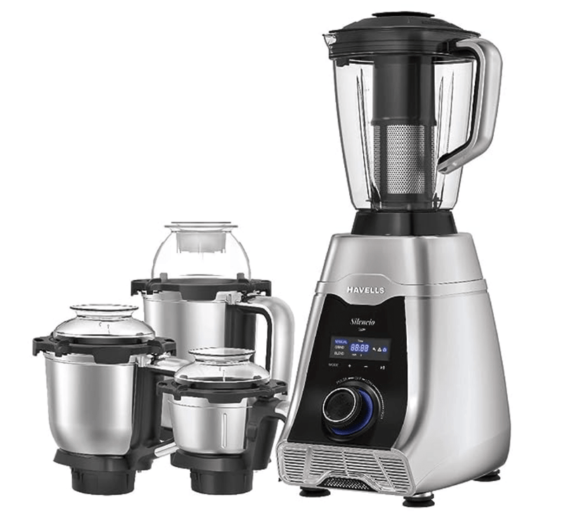 Havells Silencio Lowest Noise 4 Jar Mixer Grinder with HVDC Technology, Slow Speed Grinding, Double Layer Insulated Steel Jar, LED Display/Pre-Set Options & Hands free operation (Grey Black)500 Watts-1