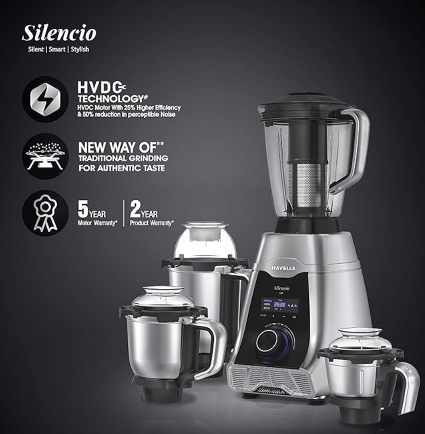 Havells Silencio Lowest Noise 4 Jar Mixer Grinder with HVDC Technology, Slow Speed Grinding, Double Layer Insulated Steel Jar, LED Display/Pre-Set Options & Hands free operation (Grey Black)500 Watts