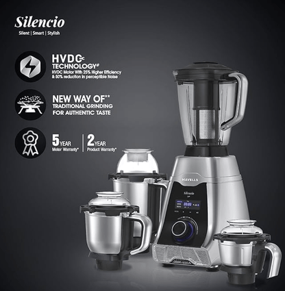 Havells Silencio Lowest Noise 4 Jar Mixer Grinder with HVDC Technology, Slow Speed Grinding, Double Layer Insulated Steel Jar, LED Display/Pre-Set Options & Hands free operation (Grey Black)500 Watts