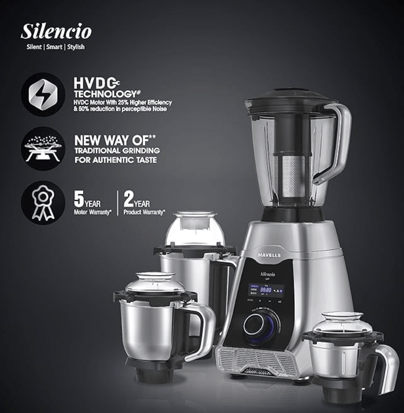 Havells Silencio Lowest Noise 4 Jar Mixer Grinder with HVDC Technology, Slow Speed Grinding, Double Layer Insulated Steel Jar, LED Display/Pre-Set Options & Hands free operation (Grey Black)500 Watts-3