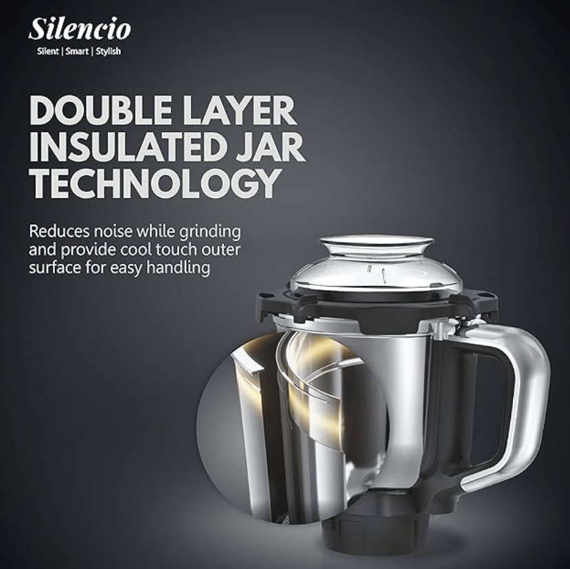 Havells Silencio Lowest Noise 4 Jar Mixer Grinder with HVDC Technology, Slow Speed Grinding, Double Layer Insulated Steel Jar, LED Display/Pre-Set Options & Hands free operation (Grey Black)500 Watts