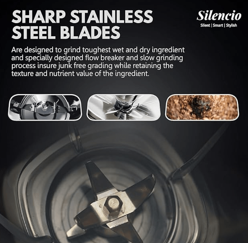 Havells Silencio Lowest Noise 4 Jar Mixer Grinder with HVDC Technology, Slow Speed Grinding, Double Layer Insulated Steel Jar, LED Display/Pre-Set Options & Hands free operation (Grey Black)500 Watts