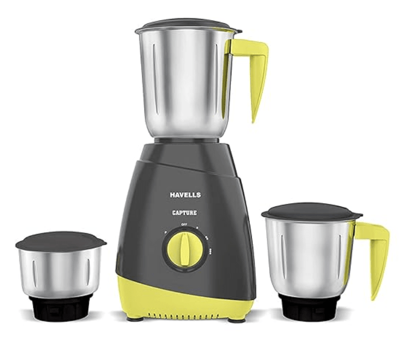Havells Capture 500W 3 Jar Mixer Grinder, High Speed 21000 RPM Motor, 304 SS Blades, 5 Years Motor Warranty with Overload Protector, 1.5 Ltr Bigger Size Blending Jar I (Grey & Green)-1