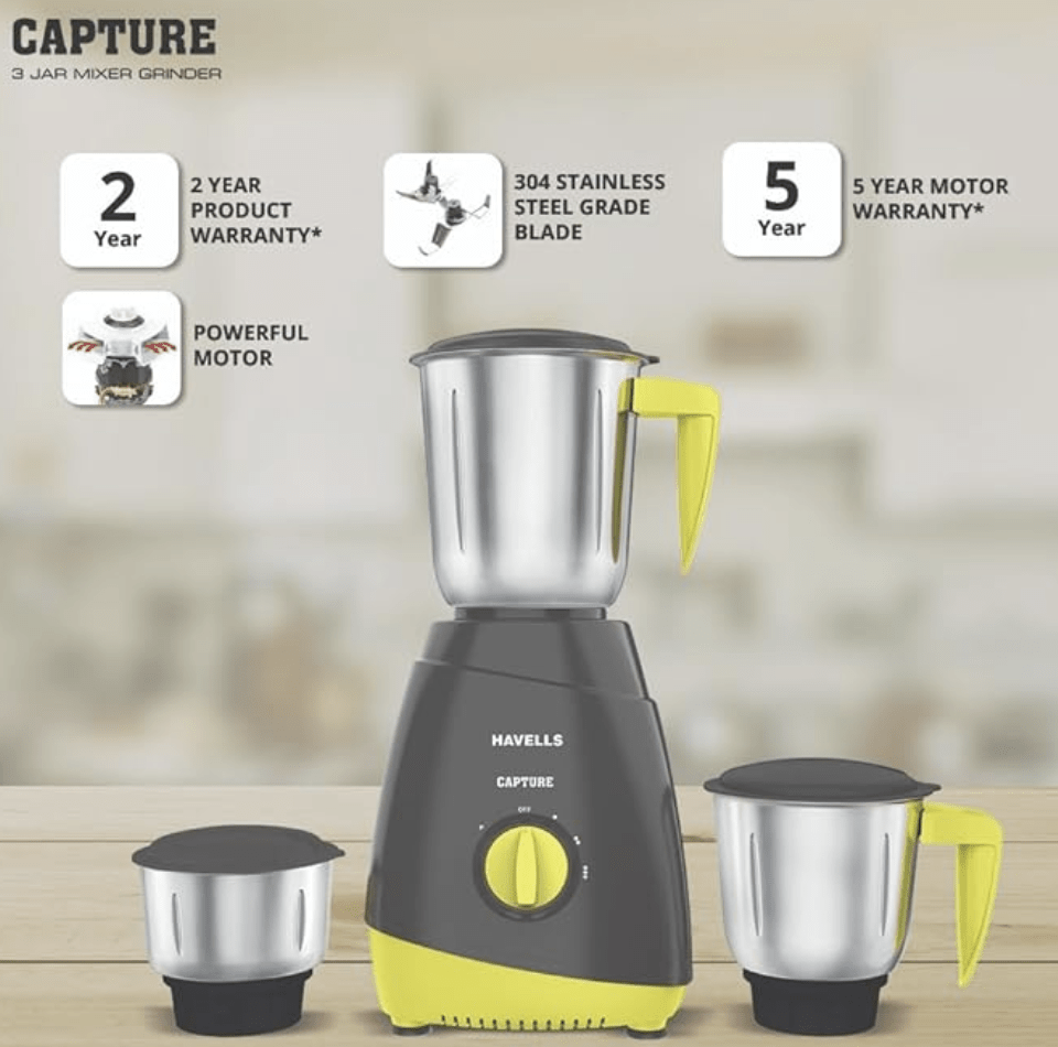 Havells Capture 500W 3 Jar Mixer Grinder, High Speed 21000 RPM Motor, 304 SS Blades, 5 Years Motor Warranty with Overload Protector, 1.5 Ltr Bigger Size Blending Jar I (Grey & Green)