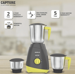 Havells Capture 500W 3 Jar Mixer Grinder, High Speed 21000 RPM Motor, 304 SS Blades, 5 Years Motor Warranty with Overload Protector, 1.5 Ltr Bigger Size Blending Jar I (Grey & Green)-2