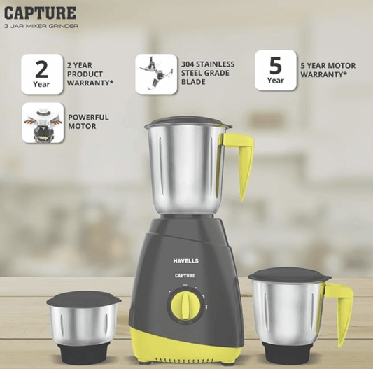 Havells Capture 500W 3 Jar Mixer Grinder, High Speed 21000 RPM Motor, 304 SS Blades, 5 Years Motor Warranty with Overload Protector, 1.5 Ltr Bigger Size Blending Jar I (Grey & Green)