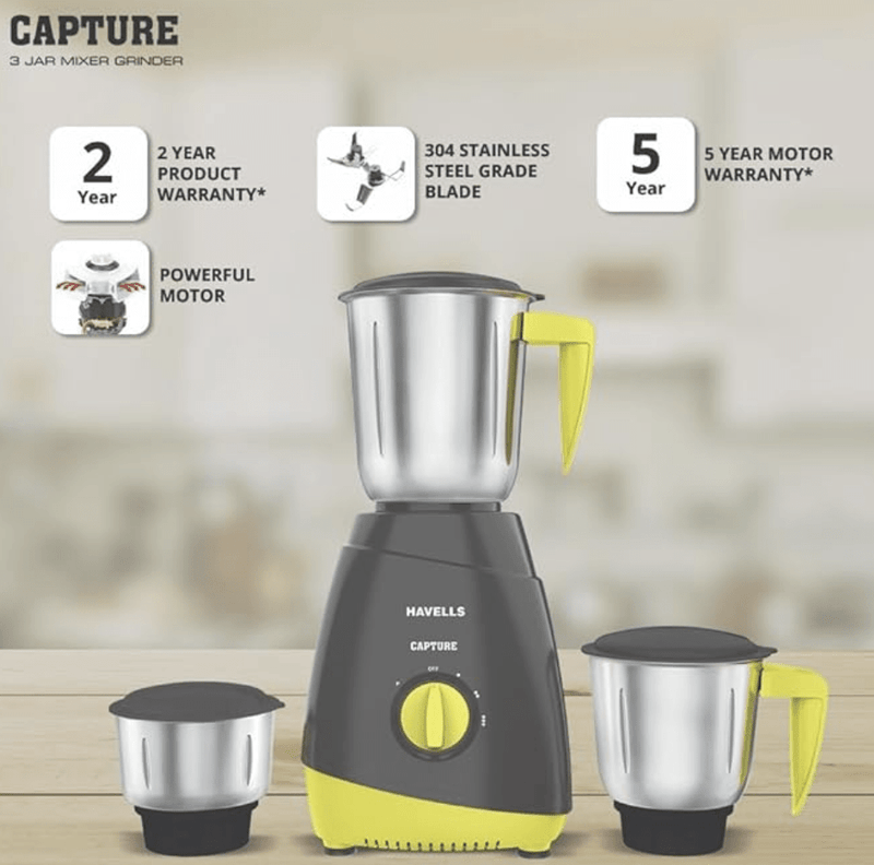 Havells Capture 500W 3 Jar Mixer Grinder, High Speed 21000 RPM Motor, 304 SS Blades, 5 Years Motor Warranty with Overload Protector, 1.5 Ltr Bigger Size Blending Jar I (Grey & Green)-2
