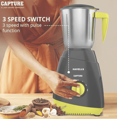 Havells Capture 500W 3 Jar Mixer Grinder, High Speed 21000 RPM Motor, 304 SS Blades, 5 Years Motor Warranty with Overload Protector, 1.5 Ltr Bigger Size Blending Jar I (Grey & Green)-3