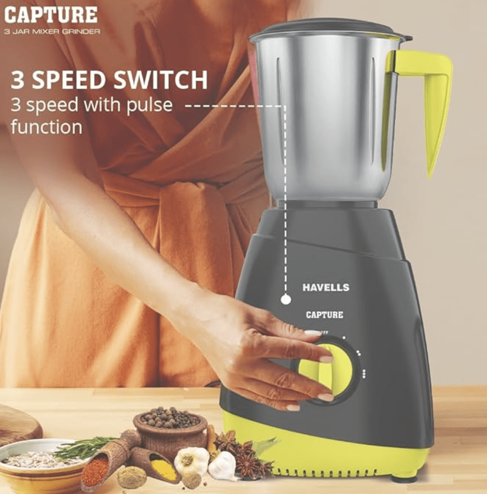 Havells Capture 500W 3 Jar Mixer Grinder, High Speed 21000 RPM Motor, 304 SS Blades, 5 Years Motor Warranty with Overload Protector, 1.5 Ltr Bigger Size Blending Jar I (Grey & Green)-3