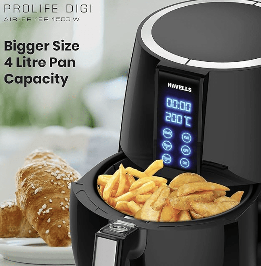 Havells Air Fryer Prolife Digi with 4L Capacity | Digital Touch Panel | Auto On/Off | 60 Min Timer | Basket Release Button | Air Filtration System | 2 Yr Warranty, Black