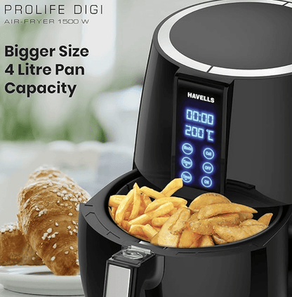 Havells Air Fryer Prolife Digi with 4L Capacity | Digital Touch Panel | Auto On/Off | 60 Min Timer | Basket Release Button | Air Filtration System | 2 Yr Warranty, Black
