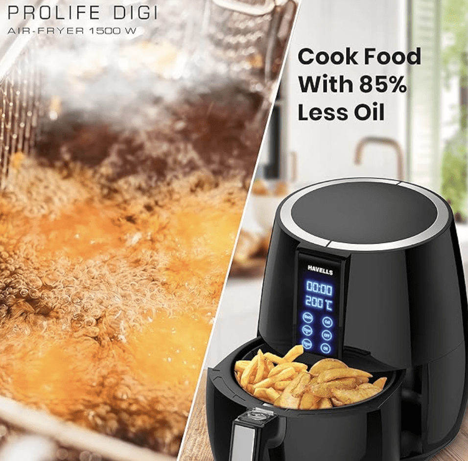 Havells Air Fryer Prolife Digi with 4L Capacity | Digital Touch Panel | Auto On/Off | 60 Min Timer | Basket Release Button | Air Filtration System | 2 Yr Warranty, Black