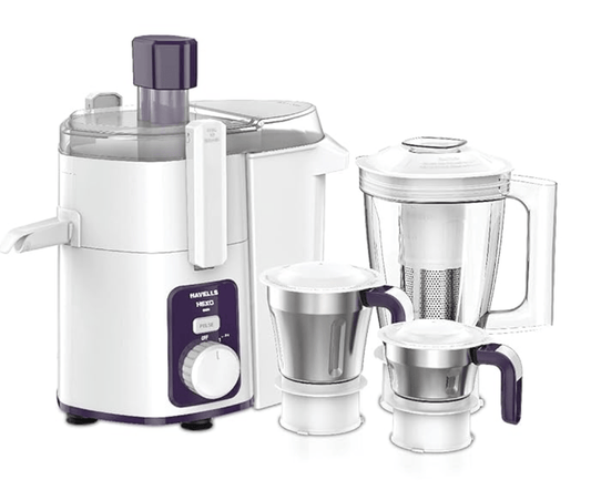 Havells Hexo 1000 watts 3 Jar Juicer Mixer Grinder with 2.5 Kg 100% Ball Bearing Copper Motor ,22000 RPM, 2Ltr Polycarbonate Jar, Metal Teeth Coupler & 2 Years Warranty (White & Purple)