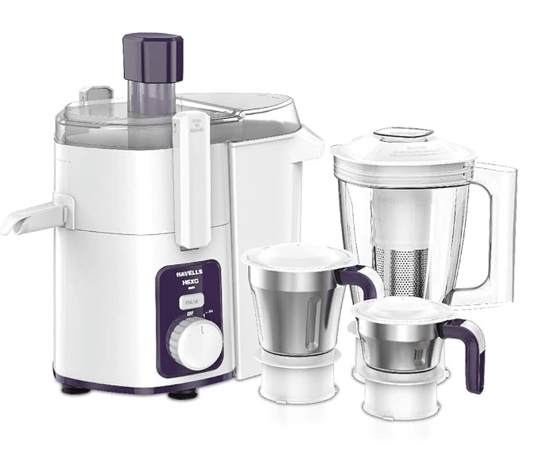 Havells Hexo 1000 watts 3 Jar Juicer Mixer Grinder with 2.5 Kg 100% Ball Bearing Copper Motor ,22000 RPM, 2Ltr Polycarbonate Jar, Metal Teeth Coupler & 2 Years Warranty (White & Purple)-1