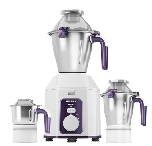 Havells Hexo 1000 watts 3 Jar Mixer Grinder I 2.5 Kg Double Ball Bearing Copper Motor I 22000 RPM I 100 Minutes Run Time I Metal Teeth Coupler & Jar Base I Polycarbonate Jar Lids with Lock (White)