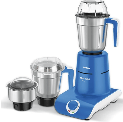 Havells Maxx Grind 750 watt Mixer Grinder with 3 Wider Mouth Stainless Steel Jar, Hands Free Operation, SS-304 Grade Blade, Overload Indicator & 5 Year Motor Warranty (Blue).