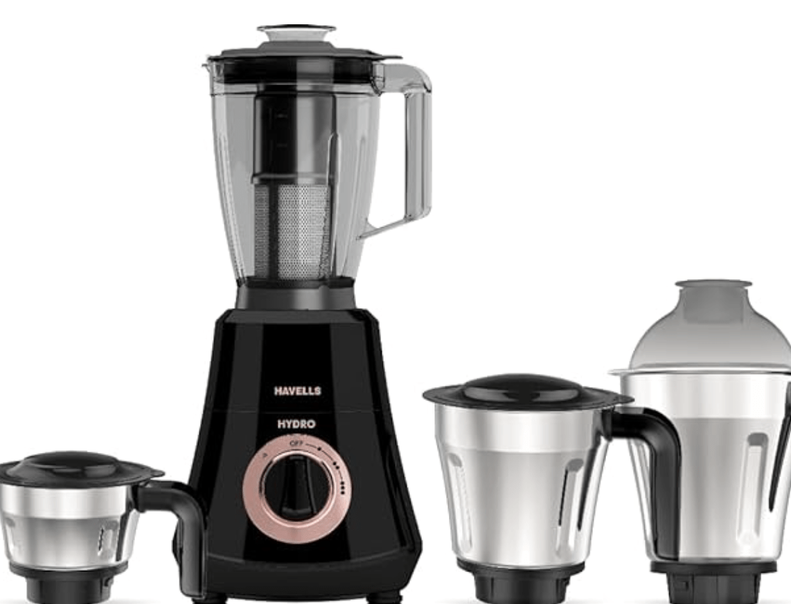 Havells Hydro Plus 1000 watt 4 Jar Mixer Grinder with Ball Bearing Motor, 22000 RPM, Wider mouth Stainless Steel Jar, Hands Free operation, SS-304 Grade Blade & 5 year motor warranty