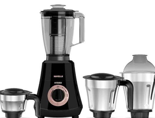 Havells Hydro Plus 1000 watt 4 Jar Mixer Grinder with Ball Bearing Motor, 22000 RPM, Wider mouth Stainless Steel Jar, Hands Free operation, SS-304 Grade Blade & 5 year motor warranty