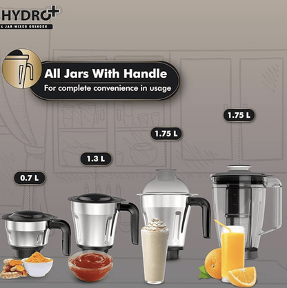 Havells Hydro Plus 1000 watt 4 Jar Mixer Grinder with Ball Bearing Motor, 22000 RPM, Wider mouth Stainless Steel Jar, Hands Free operation, SS-304 Grade Blade & 5 year motor warranty
