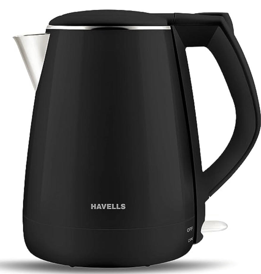 Havells Electric Kettle Aqua Plus 1250 Watts 1.2 liters , Double Layered Cool Touch Outer Body | 304 Rust Resistant SS Inner Body with Auto Shut Off | Wider Mouth | 2 Yr Manufacturer Warranty (Black)