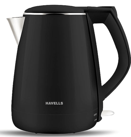 Havells Electric Kettle Aqua Plus 1250 Watts 1.2 liters , Double Layered Cool Touch Outer Body | 304 Rust Resistant SS Inner Body with Auto Shut Off | Wider Mouth | 2 Yr Manufacturer Warranty (Black)