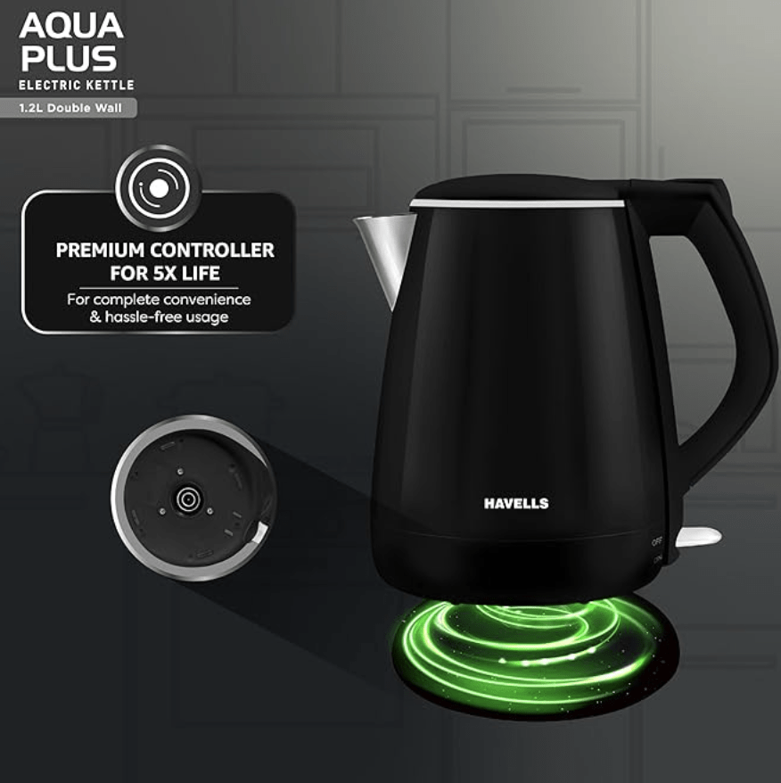 Havells Electric Kettle Aqua Plus 1250 Watts 1.2 liters , Double Layered Cool Touch Outer Body | 304 Rust Resistant SS Inner Body with Auto Shut Off | Wider Mouth | 2 Yr Manufacturer Warranty (Black)