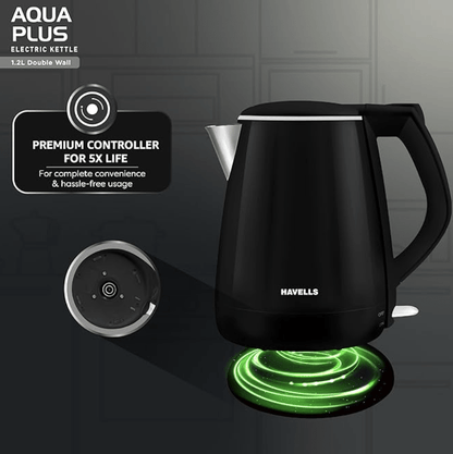 Havells Electric Kettle Aqua Plus 1250 Watts 1.2 liters , Double Layered Cool Touch Outer Body | 304 Rust Resistant SS Inner Body with Auto Shut Off | Wider Mouth | 2 Yr Manufacturer Warranty (Black)