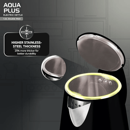 Havells Electric Kettle Aqua Plus 1250 Watts 1.2 liters , Double Layered Cool Touch Outer Body | 304 Rust Resistant SS Inner Body with Auto Shut Off | Wider Mouth | 2 Yr Manufacturer Warranty (Black)