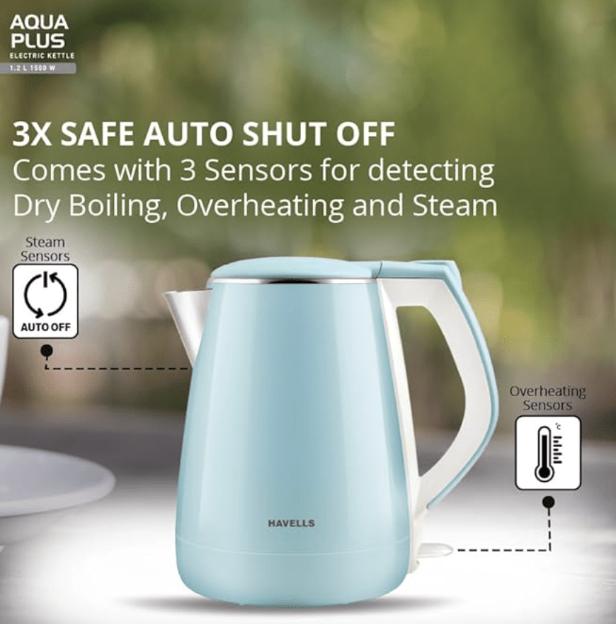 Havells Electric Kettle Aqua Plus 1250 Watts 1.2 liters , Double Layered Cool Touch Outer Body | 304 Rust Resistant SS Inner Body with Auto Shut Off | Wider Mouth | 2 Yr Manufacturer Warranty (Blue)