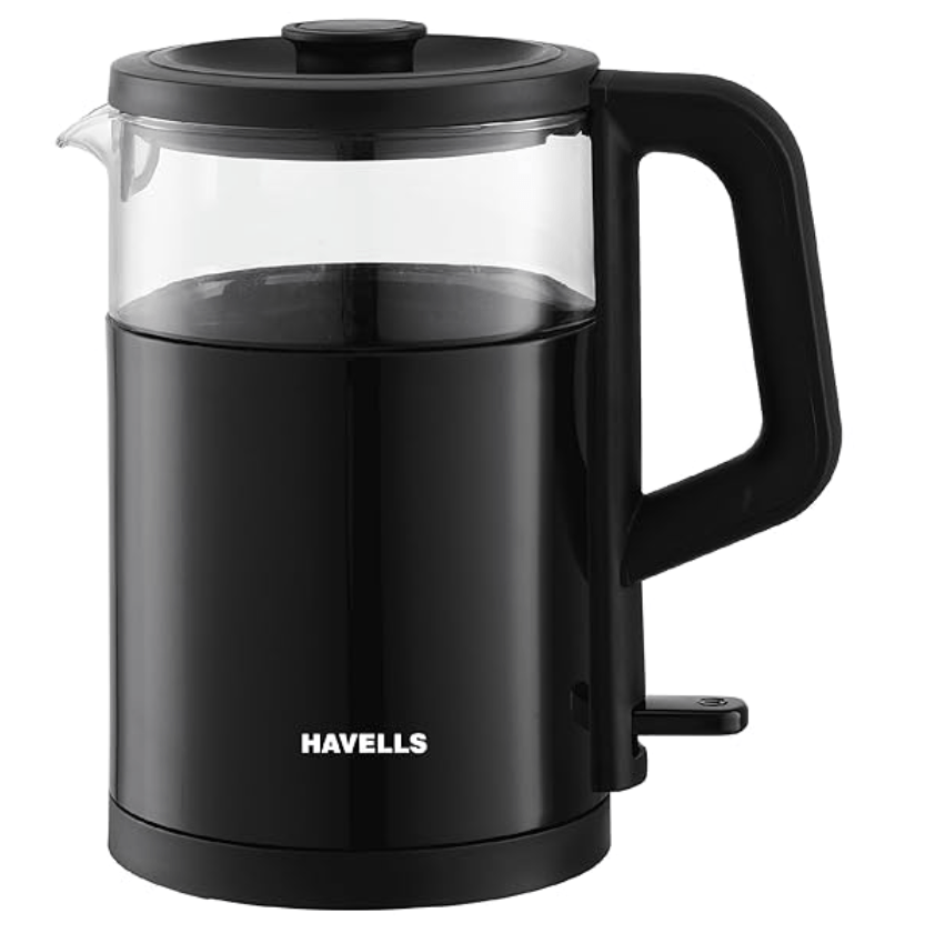 Havells MARINO Low Noise Glass Electric Kettle 1L|1200W Borosilicate Glass inner & Cool Touch Outer Body| Detachable LID|304 Rust Resistant SS Base|2 Yr Manufacturer Warranty (Black)