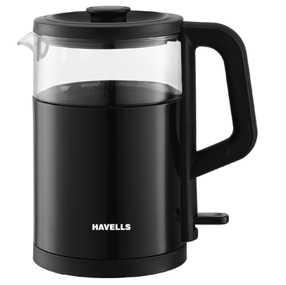 Havells MARINO Low Noise Glass Electric Kettle 1L|1200W Borosilicate Glass inner & Cool Touch Outer Body| Detachable LID|304 Rust Resistant SS Base|2 Yr Manufacturer Warranty (Black)