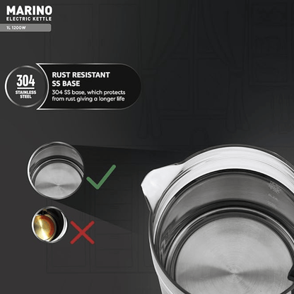 Havells MARINO Low Noise Glass Electric Kettle 1L|1200W Borosilicate Glass inner & Cool Touch Outer Body| Detachable LID|304 Rust Resistant SS Base|2 Yr Manufacturer Warranty (Black)