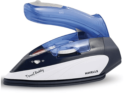 Havells Plastic Travel Buddy 800 Watt Steam Iron With Steam Burst, Cermanic Sole Plate, Foladable Handle, Horizontal & Vertical Steaming, 2 Years Warranty. (Blue Grey), 800 Watts