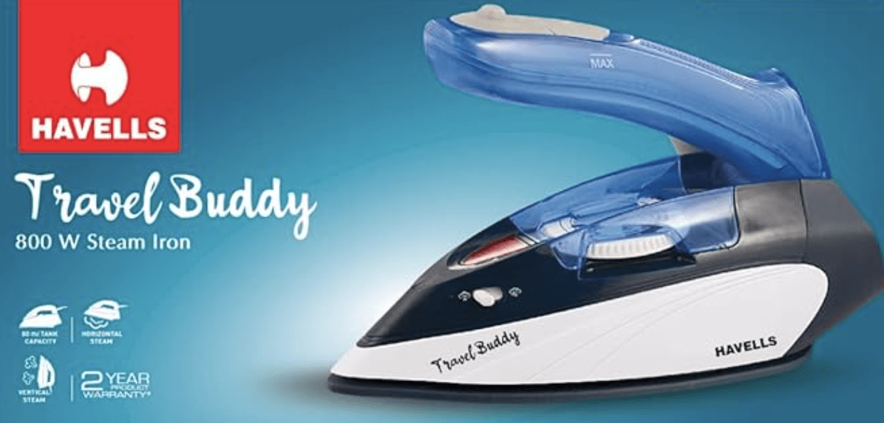 Havells Plastic Travel Buddy 800 Watt Steam Iron With Steam Burst, Cermanic Sole Plate, Foladable Handle, Horizontal & Vertical Steaming, 2 Years Warranty. (Blue Grey), 800 Watts