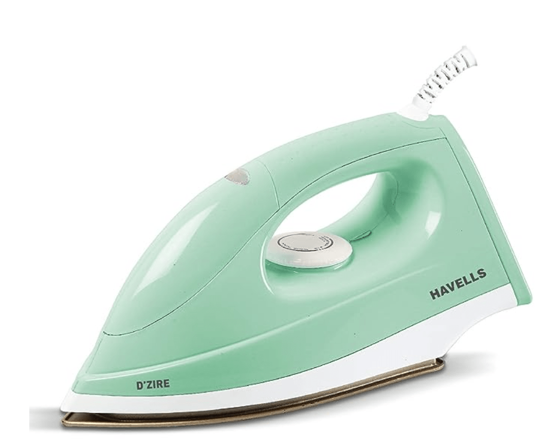 Havells Plastic and Aluminium D'Zire 1000 Watts Dry Iron With American Heritage Sole Plate, Aerodynamic Design, Easy Grip Temperature Knob & 2 Years Warranty. (Mint)