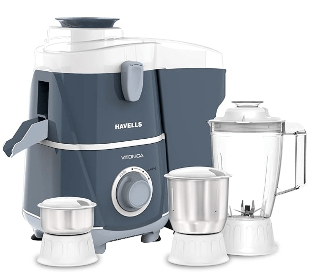 Havells Vitonica 500W Juicer Mixer Grinder with 3 Stainless Steel Jar, Large Size Pulp Container,Foldable Juicing Spout, 2 Yr Product Warranty & 5 Yr Motor warranty (White & Blue)