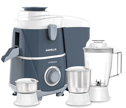 Havells Vitonica 500W Juicer Mixer Grinder with 3 Stainless Steel Jar, Large Size Pulp Container,Foldable Juicing Spout, 2 Yr Product Warranty & 5 Yr Motor warranty (White & Blue)