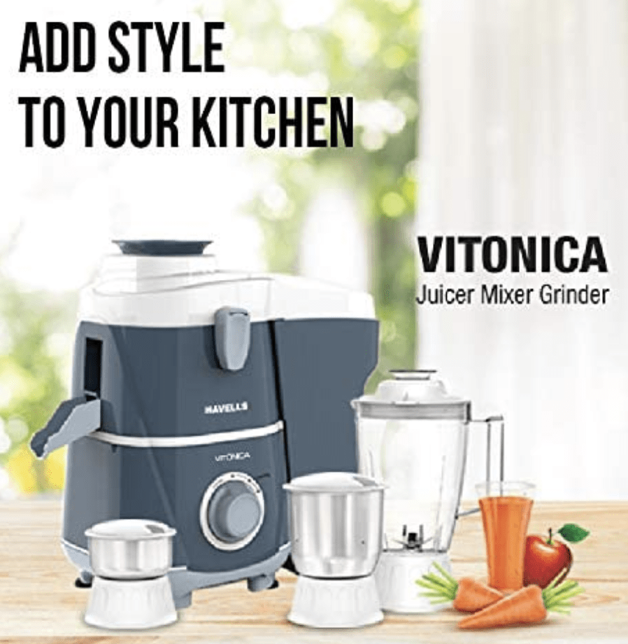 Havells Vitonica 500W Juicer Mixer Grinder with 3 Stainless Steel Jar, Large Size Pulp Container,Foldable Juicing Spout, 2 Yr Product Warranty & 5 Yr Motor warranty (White & Blue)