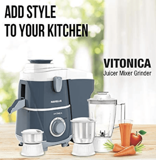 Havells Vitonica 500W Juicer Mixer Grinder with 3 Stainless Steel Jar, Large Size Pulp Container,Foldable Juicing Spout, 2 Yr Product Warranty & 5 Yr Motor warranty (White & Blue)