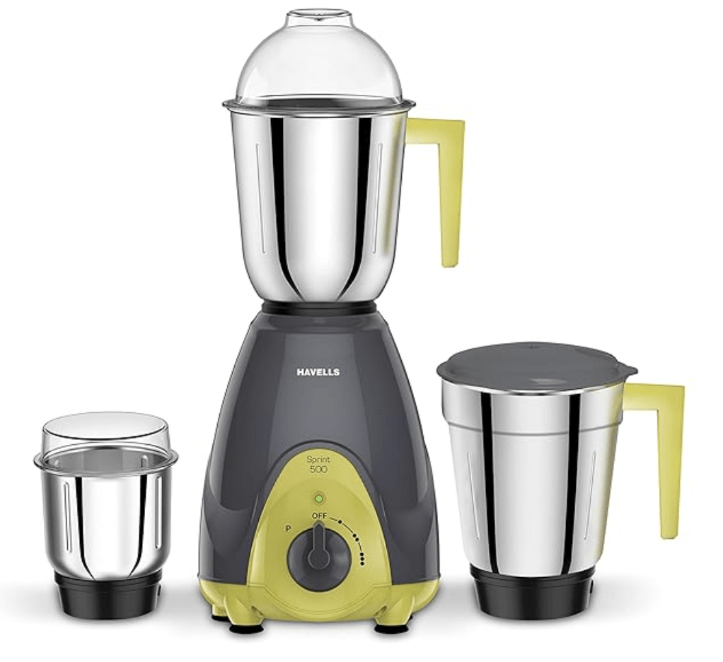 Havells Sprint Mixer Grinder, 500W, 3 Jars (Grey/ Green)